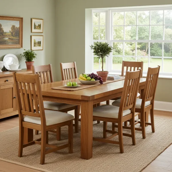 Solid oak dining table with a smooth finish, accompanied by six matching wooden chairs, set in a modern dining room.