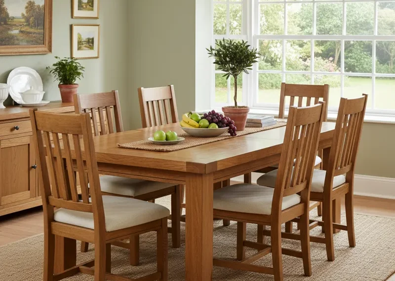 Solid oak dining table with a smooth finish, accompanied by six matching wooden chairs, set in a modern dining room.
