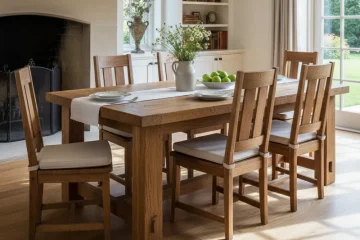 A rustic solid oak dining table with a natural wood finish, featuring visible grain and sturdy legs, placed in a bright, modern dining room setting.