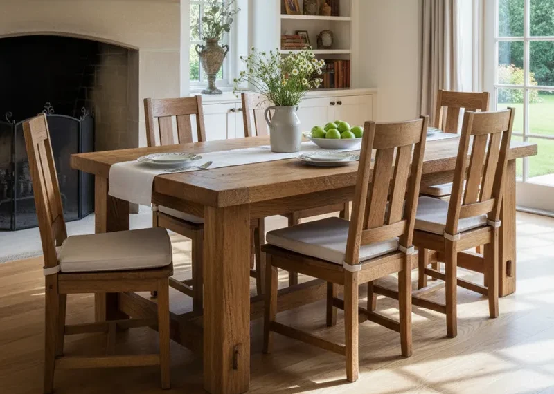 A rustic solid oak dining table with a natural wood finish, featuring visible grain and sturdy legs, placed in a bright, modern dining room setting.