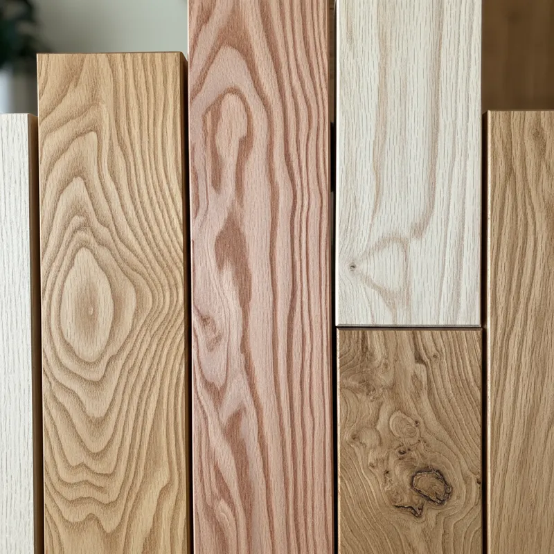 Close-up of different types of oak wood grains, including white oak and red oak, showcasing their distinct patterns and natural color variations.
