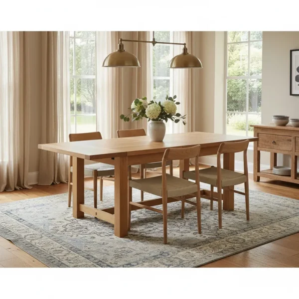 Solid oak extending dining set, featuring a rectangular wooden table with an integrated extension leaf mechanism, accompanied by several matching oak dining chairs.