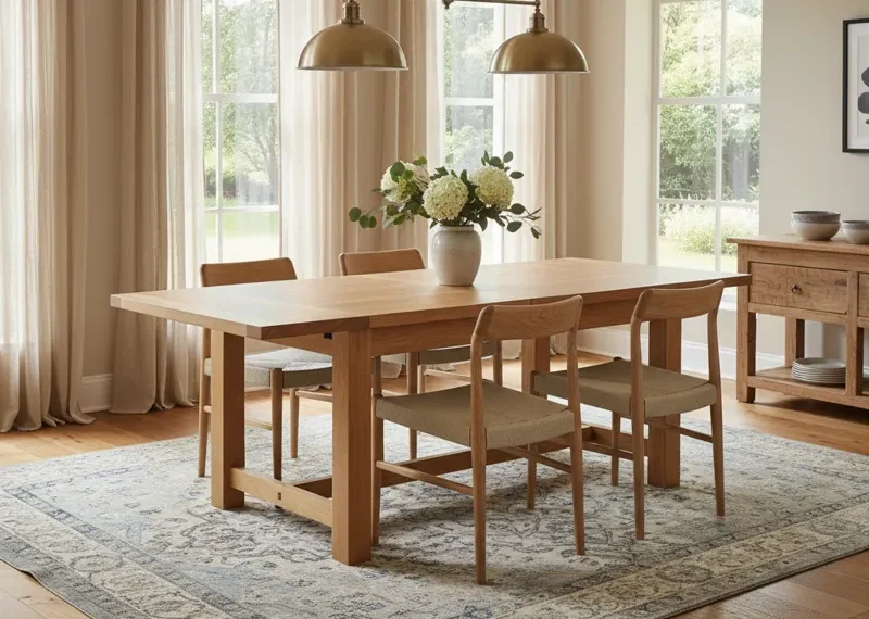 Solid oak extending dining set, featuring a rectangular wooden table with an integrated extension leaf mechanism, accompanied by several matching oak dining chairs.
