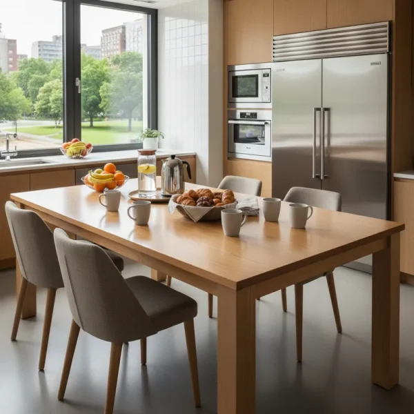 Modern office kitchen table with comfortable chairs in a brightly lit breakroom, featuring a clean surface and mugs.