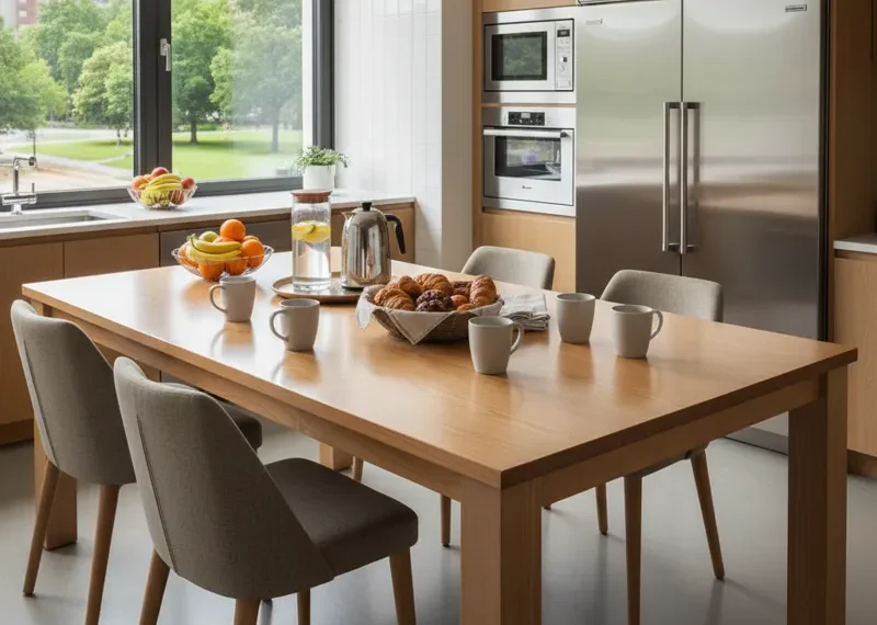 Modern office kitchen table with comfortable chairs in a brightly lit breakroom, featuring a clean surface and mugs.