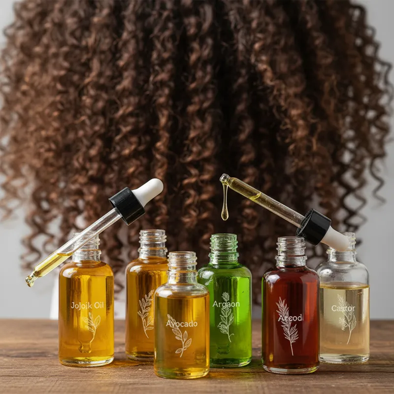 Close-up of various natural oils in small glass bottles, with a background of healthy, defined curly hair.