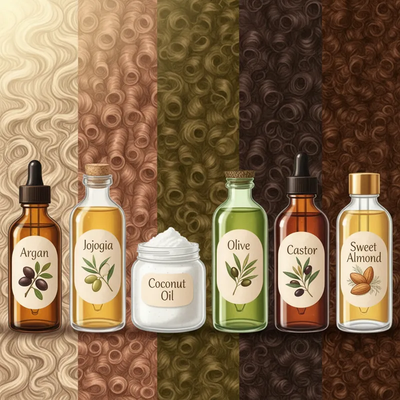 Six distinct bottles of various hair oils (Argan, Jojoba, Coconut, Olive, Castor, Sweet Almond) arranged neatly, with a textured background representi