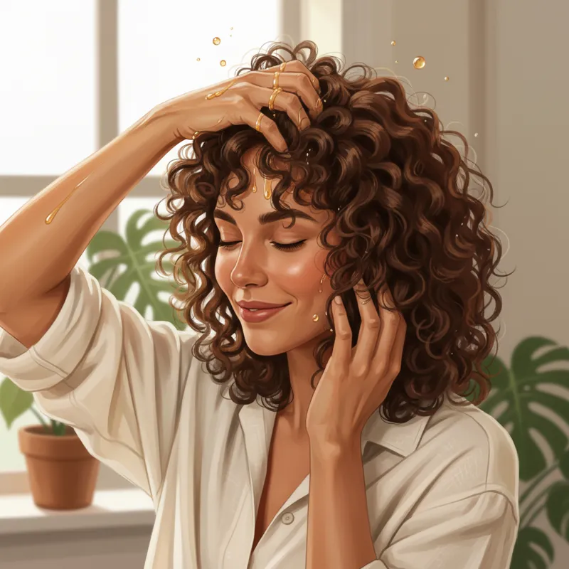 A person with curly hair demonstrating the application of hair oil, gently scrunching it into their curls.