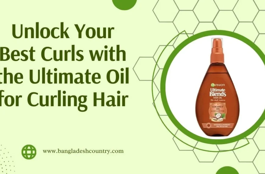 A product image featuring a brown spray bottle of Garnier Ultimate Blends Hair Oil with Coconut Oil & Cocoa Butter, designed for dry, frizzy hair. The light green background displays the text 'Unlock Your Best Curls with the Ultimate Oil for Curling Hair' and the website 'www.bangladeshcountry.com'.