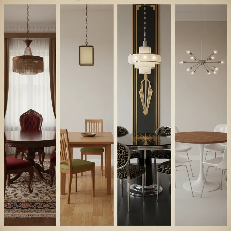 A visual timeline collage showcasing distinct dining room furniture styles from various eras: Victorian ornate, Arts and Crafts simple, Art Deco geome