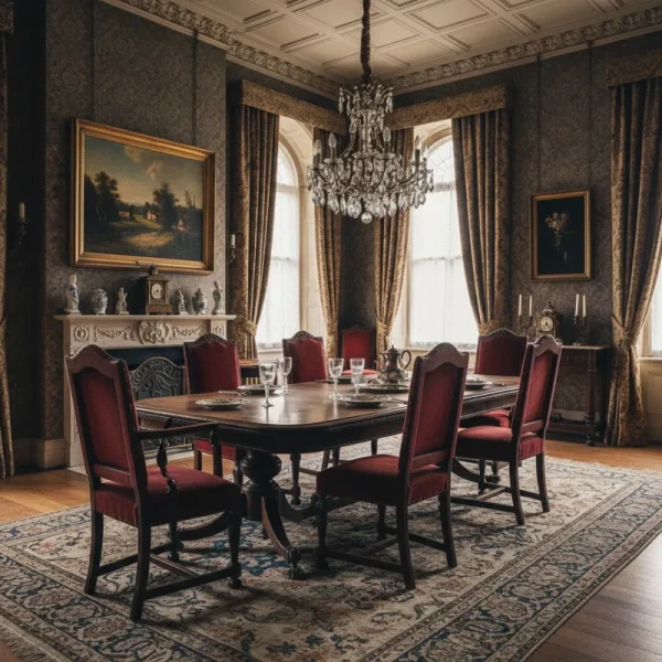 Old dining room furniture set featuring a vintage wooden table, antique chairs, and a classic buffet, showcasing traditional design and craftsmanship.
