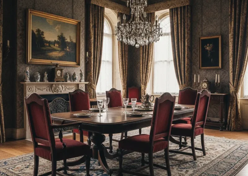 Old dining room furniture set featuring a vintage wooden table, antique chairs, and a classic buffet, showcasing traditional design and craftsmanship.