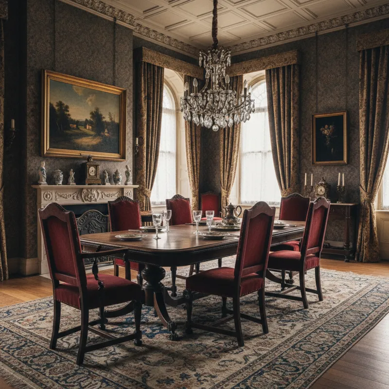 Old dining room furniture set featuring a vintage wooden table, antique chairs, and a classic buffet, showcasing traditional design and craftsmanship.