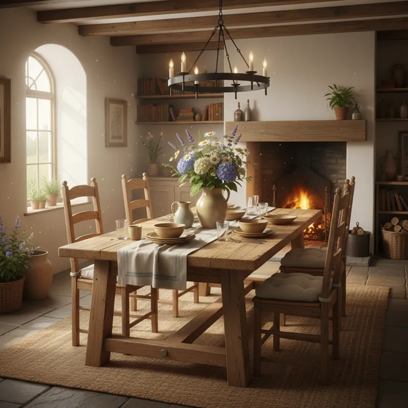 A beautiful, well-maintained old farmhouse table in a rustic dining room setting, with natural light.