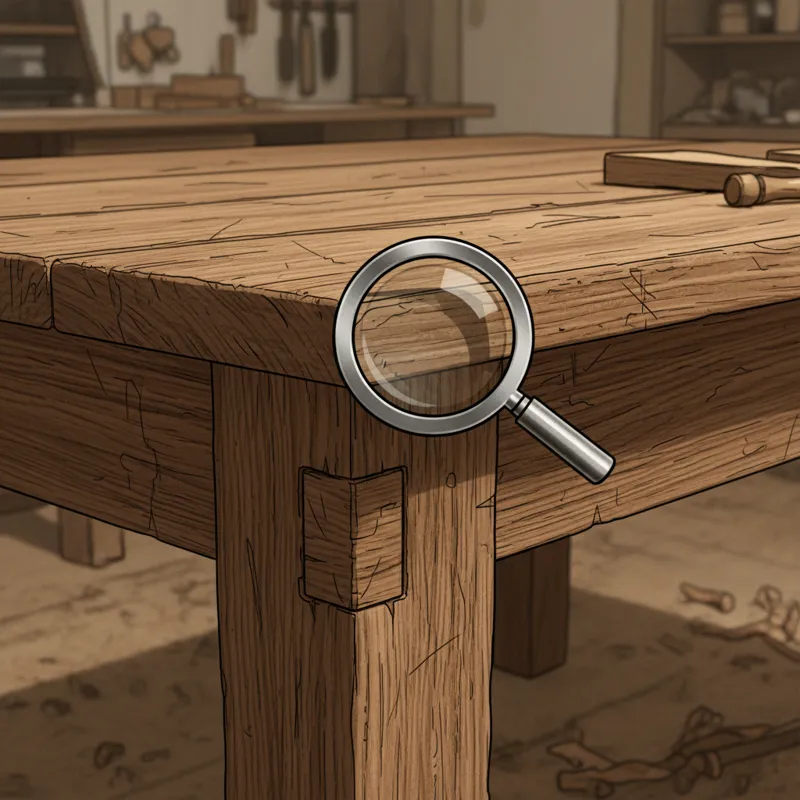 Close-up of a wooden tabletop showing natural wear, grain, and a sturdy leg joint, with a magnifying glass icon.