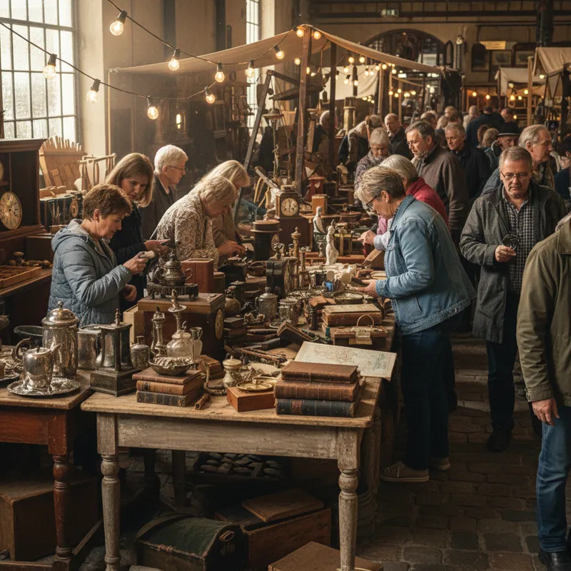 A busy antique market stall featuring several old wooden tables, with people browsing.