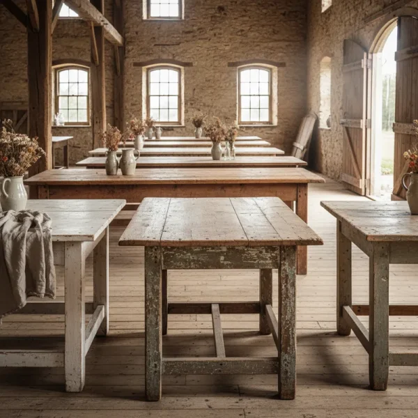 Rustic old farmhouse dining table made of distressed natural wood, showcasing sturdy turned legs and a warm, weathered patina.