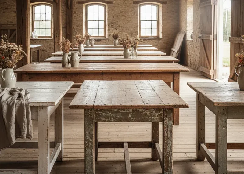 Rustic old farmhouse dining table made of distressed natural wood, showcasing sturdy turned legs and a warm, weathered patina.