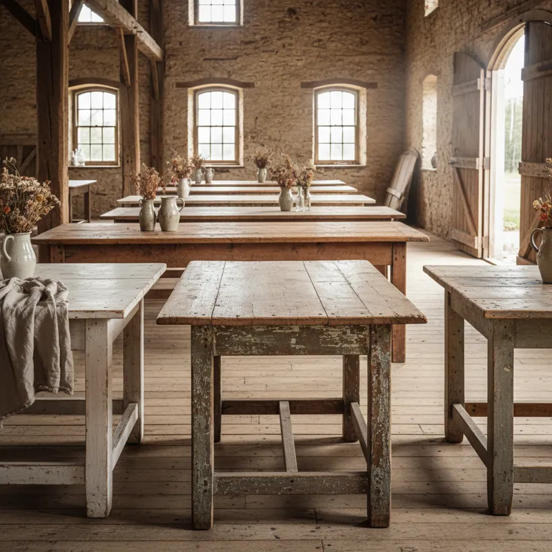 Rustic old farmhouse dining table made of distressed natural wood, showcasing sturdy turned legs and a warm, weathered patina.