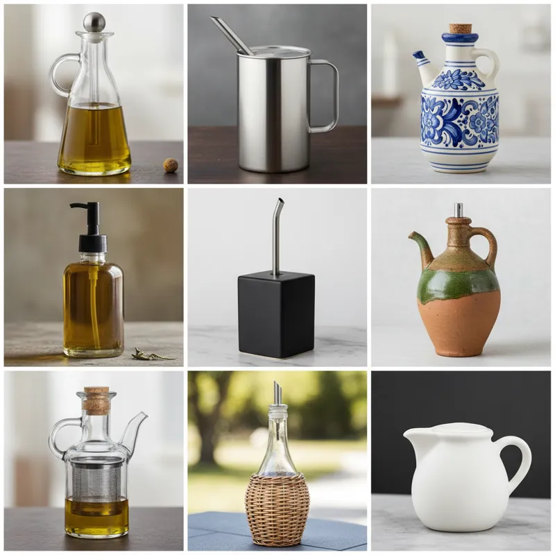 A collage or grid displaying nine distinct types of olive oil dispensers, showcasing various materials (glass, stainless steel, ceramic), sizes, and s