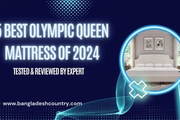 A promotional graphic titled '5 Best Olympic Queen Mattress of 2024' with a subtitle 'TESTED & REVIEWED BY EXPERT' on a dark blue background with light blue geometric patterns. A glowing blue circular frame highlights an image of a pristine white Olympic Queen mattress in a modern bedroom setting. The website 'www.bangladeshcountry.com' is displayed at the bottom.