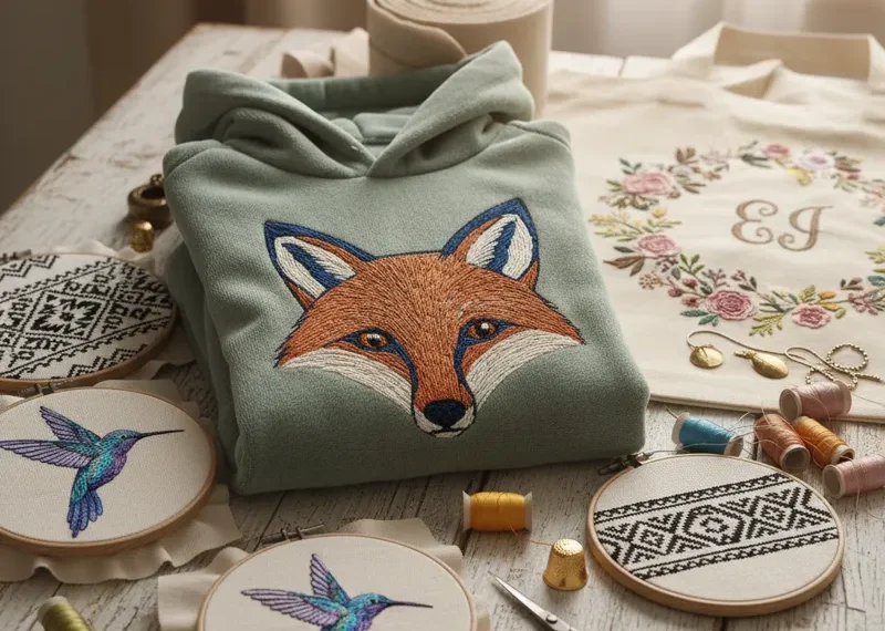 Beautifully embroidered fabric with an embroidery hoop and colorful threads, next to a laptop displaying an online shop for custom embroidery designs and patterns.