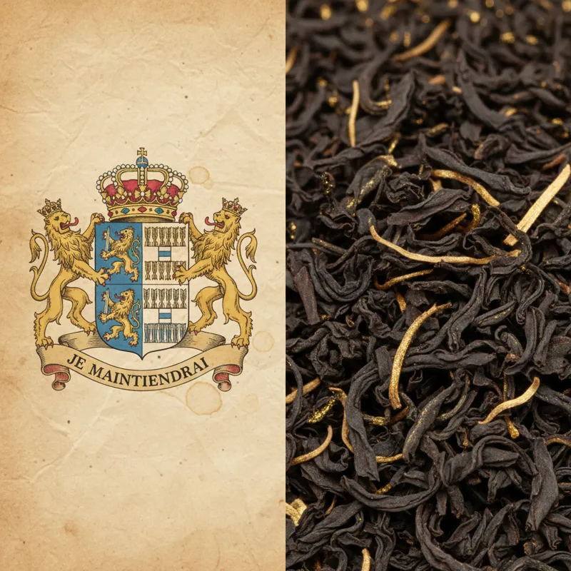 A split composition image. On the left, a vintage illustration of the Dutch Royal House of Orange coat of arms. On the right, a close-up macro shot of