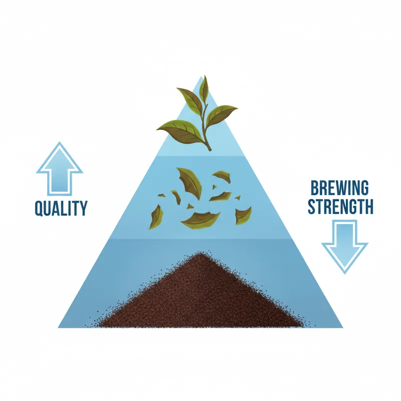 A clean, infographic-style pyramid diagram on a white background. The top level shows whole leaves labeled'FTGFOP', the middle shows broken leaves la
