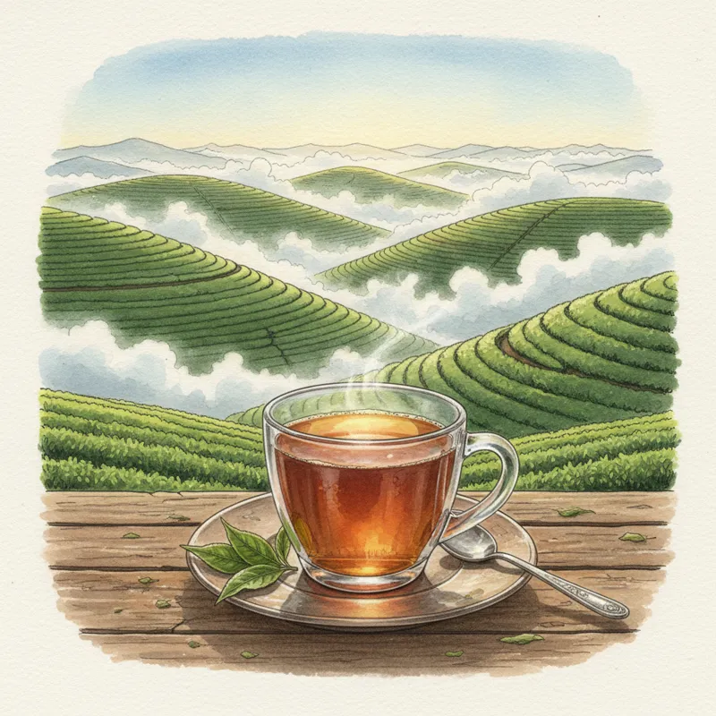A landscape view of a Sri Lankan tea estate with mist rolling over green hills. In the foreground, a glass cup of dark amber tea sits on a wooden sauc