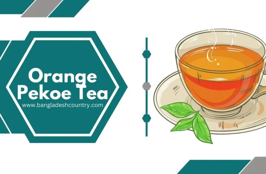 Graphic featuring an illustration of a steaming glass cup of amber tea with green leaves on a saucer, next to a teal hexagonal badge reading 'Orange Pekoe Tea' and 'www.bangladeshcountry.com'.