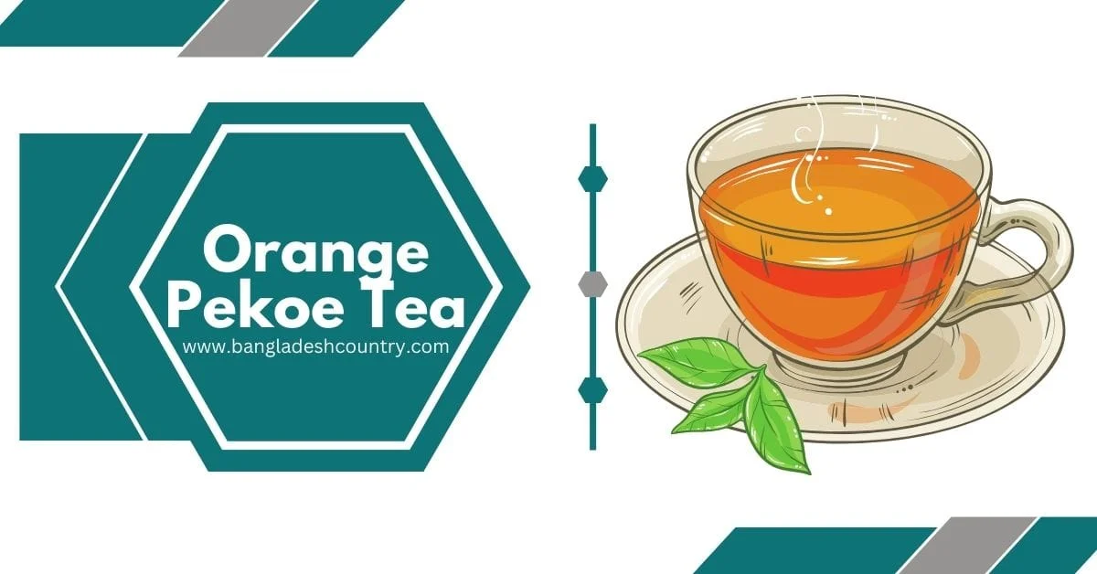 Graphic featuring an illustration of a steaming glass cup of amber tea with green leaves on a saucer, next to a teal hexagonal badge reading 'Orange Pekoe Tea' and 'www.bangladeshcountry.com'.