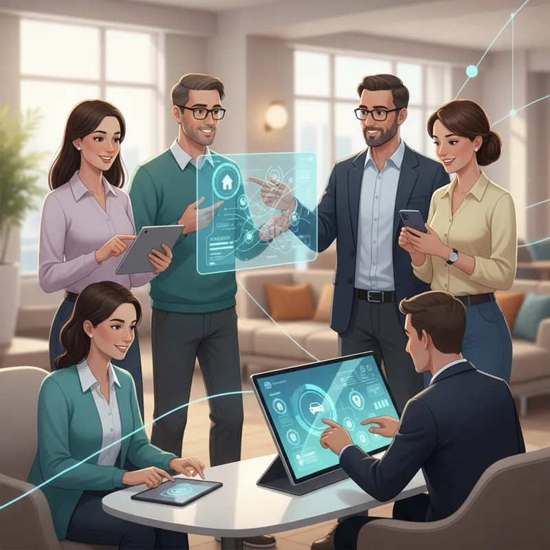 A modern, diverse group of people looking at digital insurance policy information on various devices, conveying a sense of accessibility and trust.