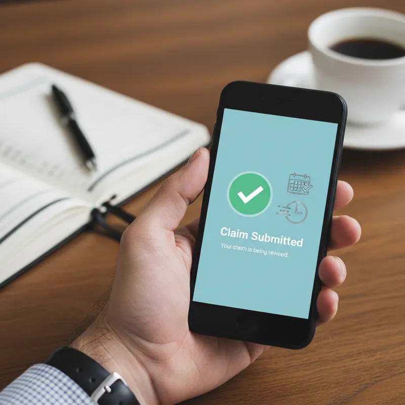 A hand holding a smartphone with an insurance app displaying a'Claim Submitted' notification, with a calendar and clock icon nearby, symbolizing effi