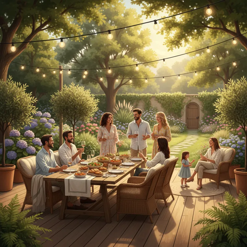 An inviting outdoor dining area setup, possibly on a patio or deck, with people casually gathered around a beautifully set table, showcasing ample spa