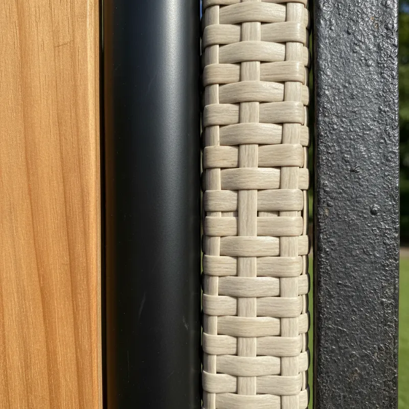 A close-up view of various outdoor dining set materials side-by-side, such as teak wood, powder-coated aluminum, woven resin wicker, and wrought iron,