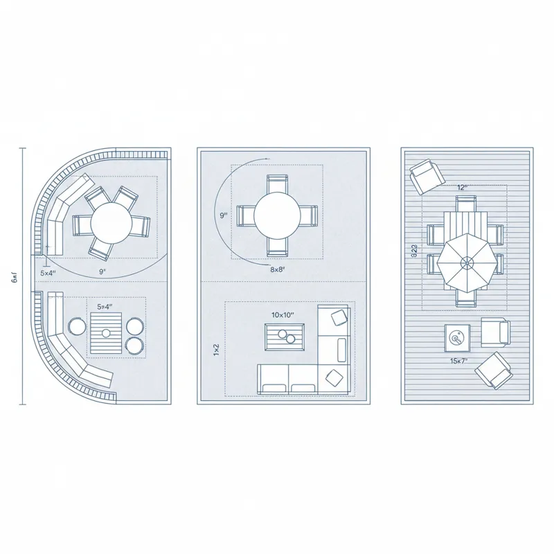An aerial view or floor plan style illustration showing various outdoor dining set configurations and their respective space requirements on different