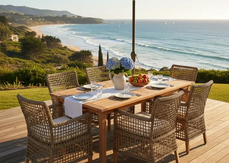 Modern outdoor dining set with a rectangular table and six chairs, featuring comfortable cushions, placed on a patio ready for al fresco meals.