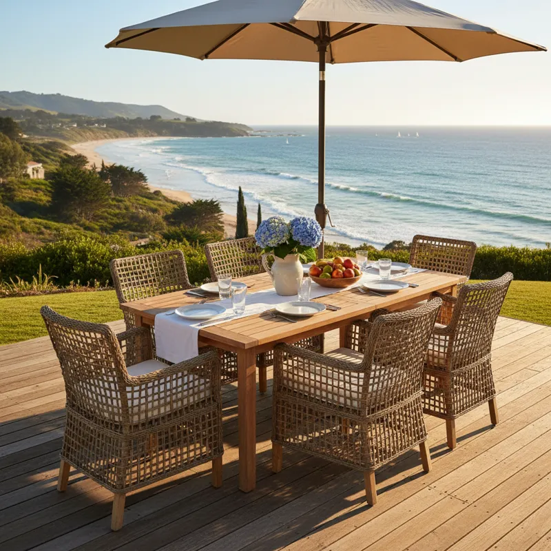 Modern outdoor dining set with a rectangular table and six chairs, featuring comfortable cushions, placed on a patio ready for al fresco meals.
