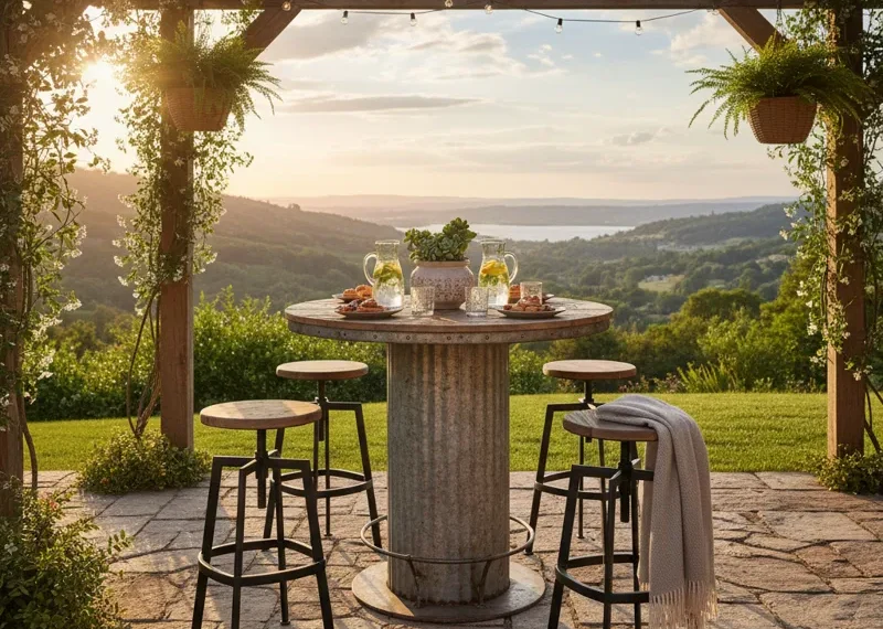 Modern outdoor high top bar table set with four matching stools on a patio, ideal for casual dining and entertaining. Features weather-resistant materials for deck or backyard use.