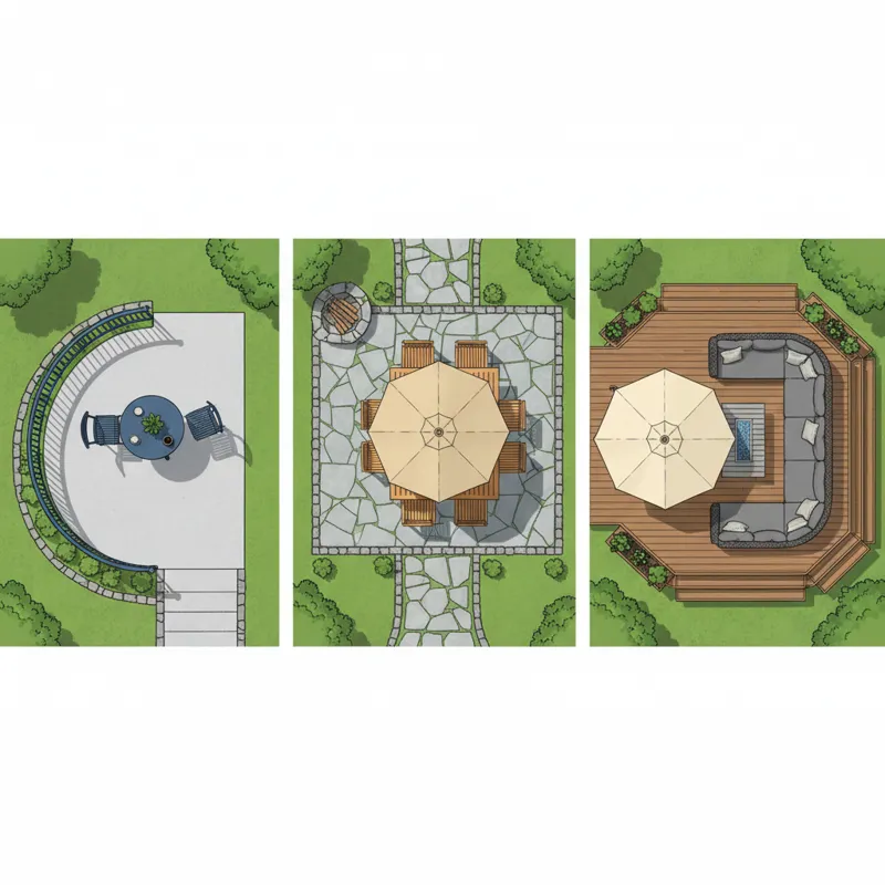 An aerial view demonstrating different patio set layouts in varying outdoor spaces: a small bistro set on a balcony, a rectangular dining set with an