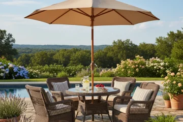 Modern outdoor patio dining set with a glass-top table, four comfortable chairs with cushions, and a large market umbrella providing ample shade over a backyard deck.