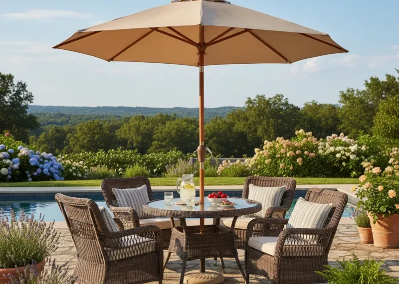 Modern outdoor patio dining set with a glass-top table, four comfortable chairs with cushions, and a large market umbrella providing ample shade over a backyard deck.