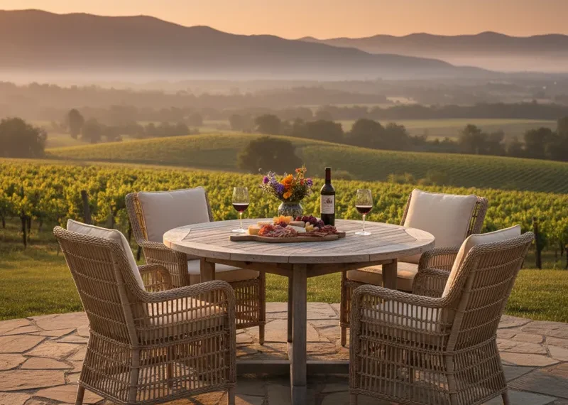 Outdoor dining set featuring a rectangular table and four matching chairs, ideal for patios, decks, or gardens. The weather-resistant furniture is perfect for al fresco meals.