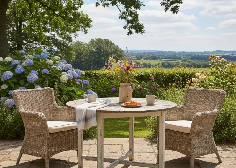 Outdoor dining set with a small patio table and two matching chairs.