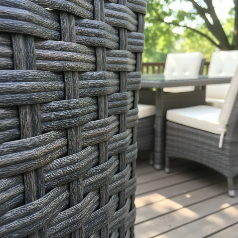 A close-up shot of modern synthetic wicker material, showing its texture and weave, with a subtle outdoor dining set in the background.
