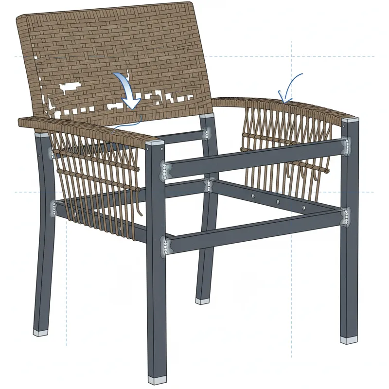 A schematic or cutaway view showing the internal aluminum frame of an outdoor wicker chair, highlighting welded joints and powder coating.