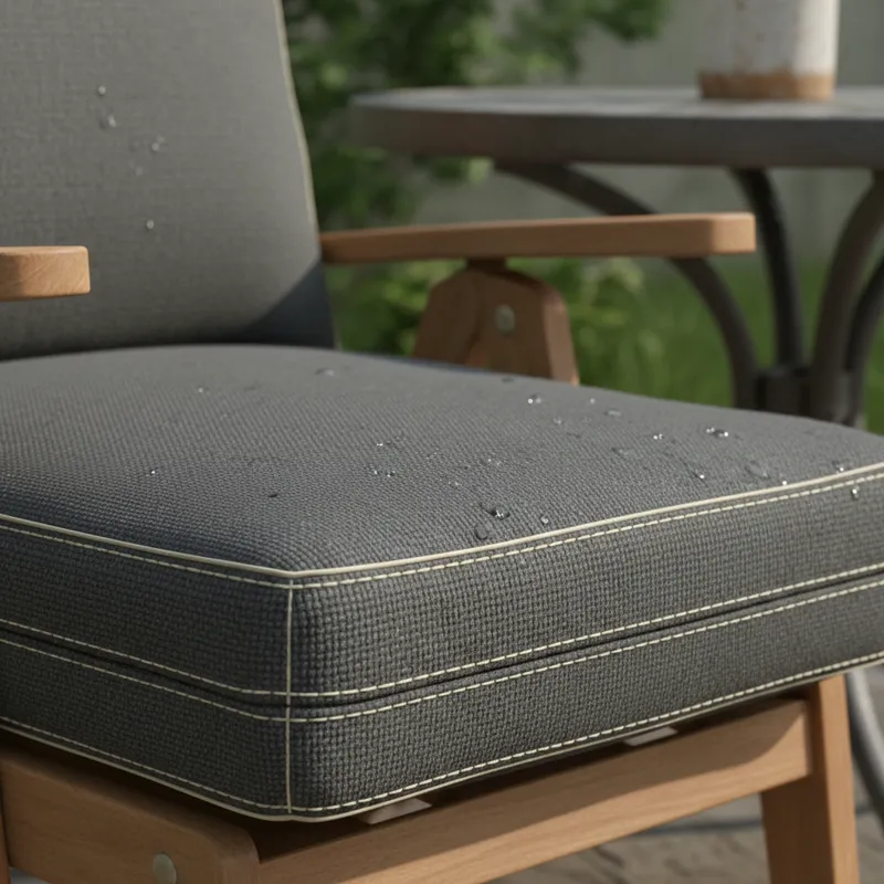 A detailed shot of an outdoor dining chair cushion, showing the durable, weather-resistant fabric texture and quality stitching, with a blur of a tabl