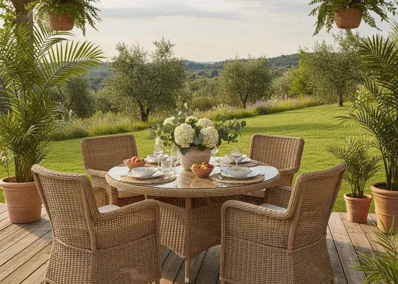 Stylish round outdoor wicker dining set with a glass-top table and four matching chairs, perfect for patio or garden use. Features durable, all-weather resin wicker construction.