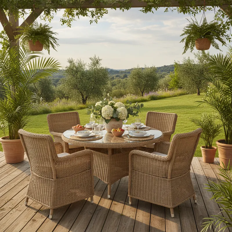 Stylish round outdoor wicker dining set with a glass-top table and four matching chairs, perfect for patio or garden use. Features durable, all-weather resin wicker construction.
