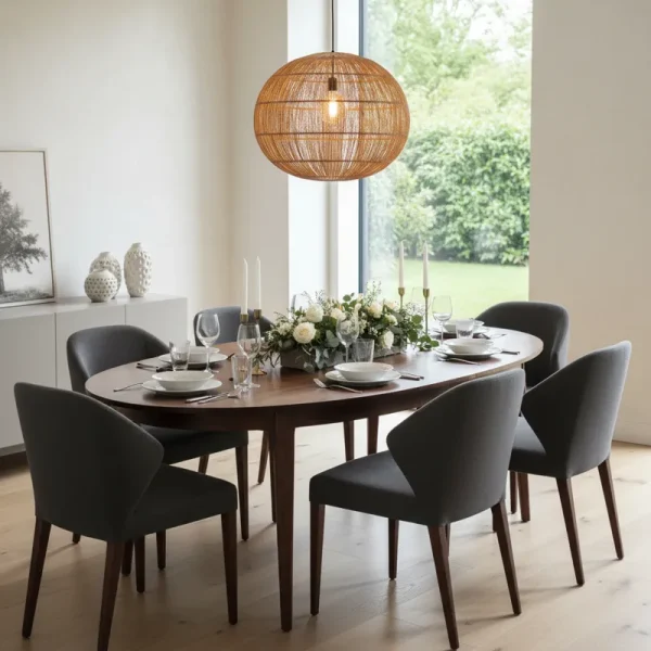 Elegant oval dining table made from light wood, set with four matching chairs in a modern dining room.